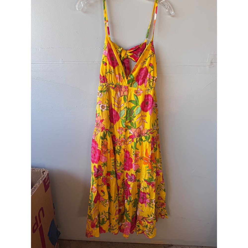 Band of the Free Yellow Floral Tiered Midi Dress Boho Tie Front Small NWT